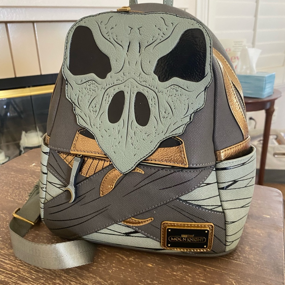 Loungefly Moon Knight Themed Gray Mini Backpack with Gold Accents